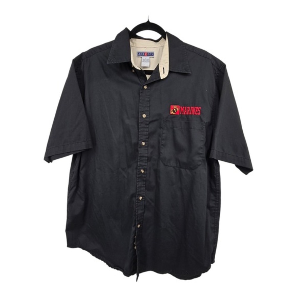 Vintage Jerzees Marines Button Down Shirt Mens LG Black Short Sleeve Embroidery